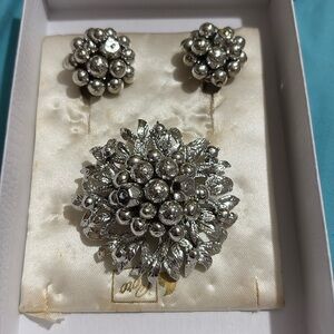 Coro Silver Floral Brooch with Crystal Accents